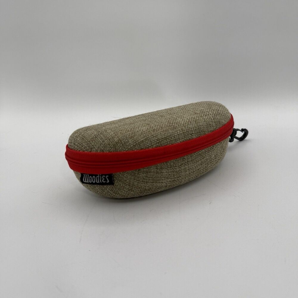 Woodies Sunglasses Case New Hard Shell Burlap Zipper Pouch Tan Red Accessories - Picture 2 of 9